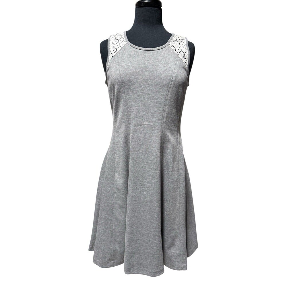 LOFT Gray Fit & Flare Dress Women’s Size 2 Lace Shoulder Casual Sleeveless